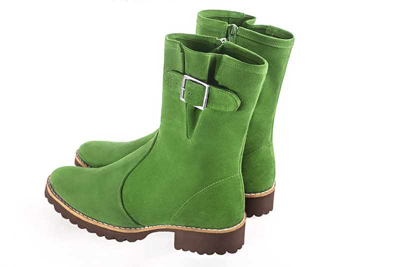 Grass green women's ankle boots with buckles on the sides. Round toe. Flat rubber soles. Rear view - Florence KOOIJMAN